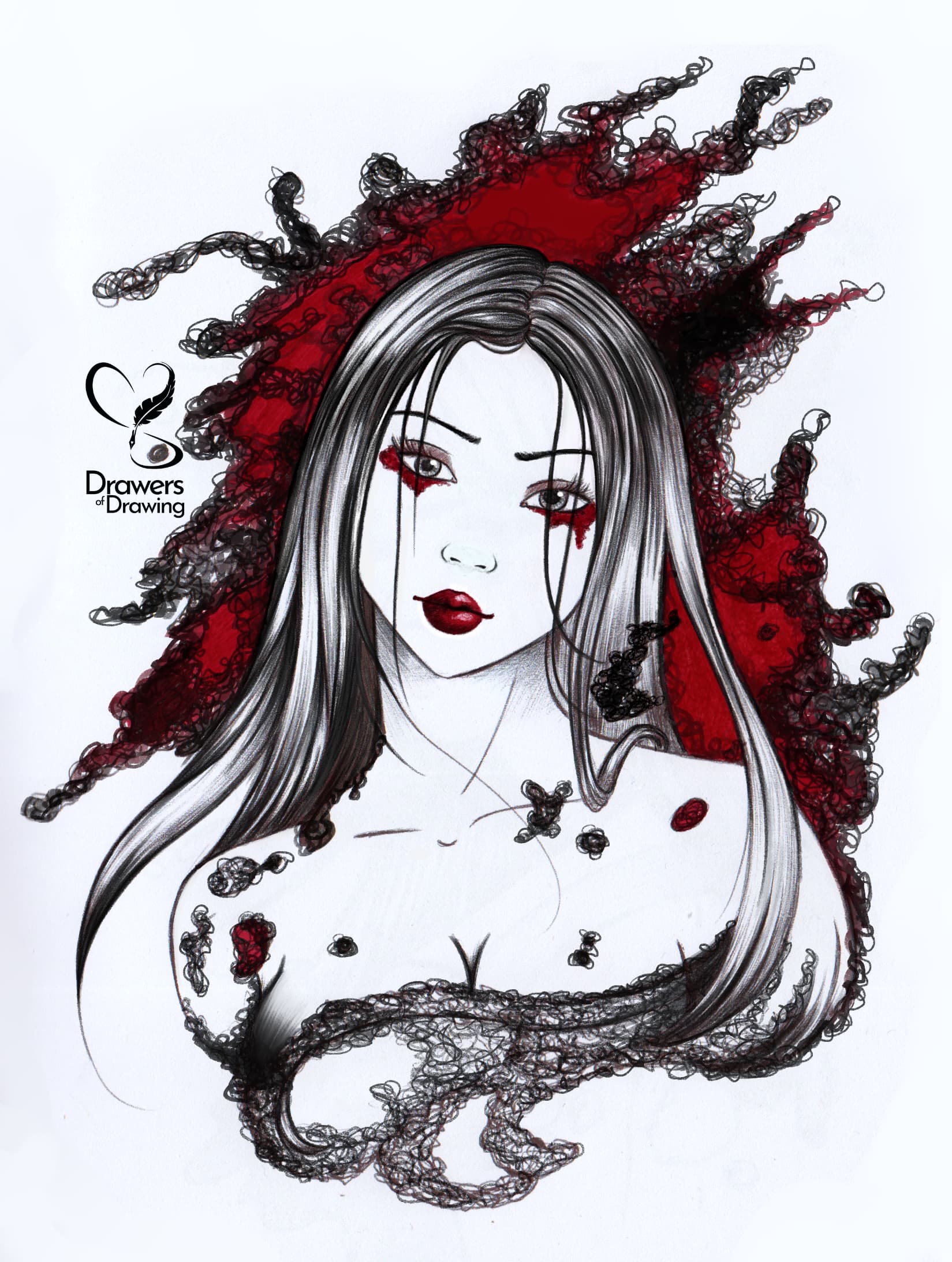 Illustrazione a inchiostro di una figura femminile con capelli lunghi e spruzzi di inchiostro rosso in stile manga dark.