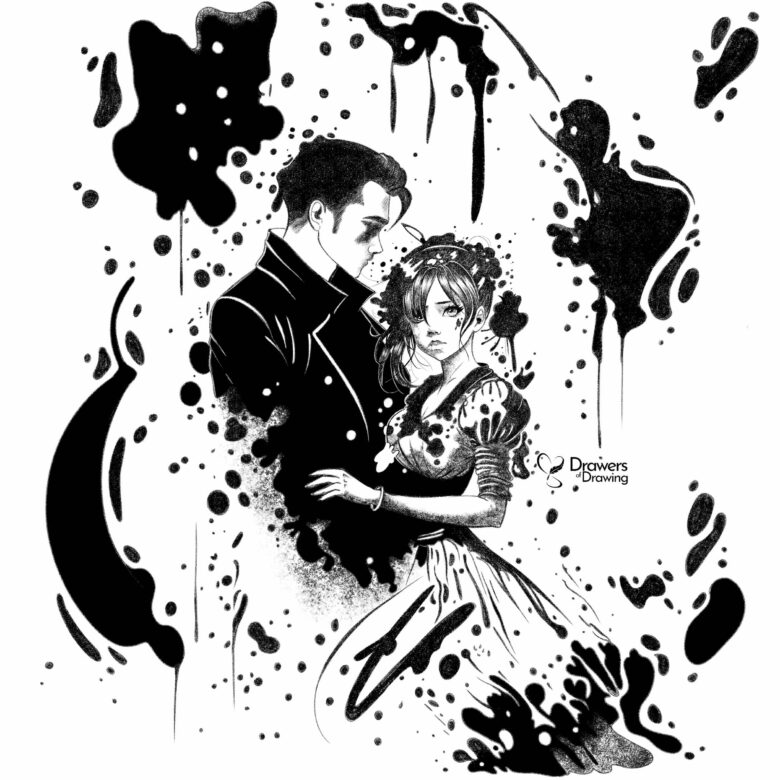 Illustrazione in bianco e nero a inchiostro di una coppia immersa in macchie ed esplosioni di chine scure stile manga.