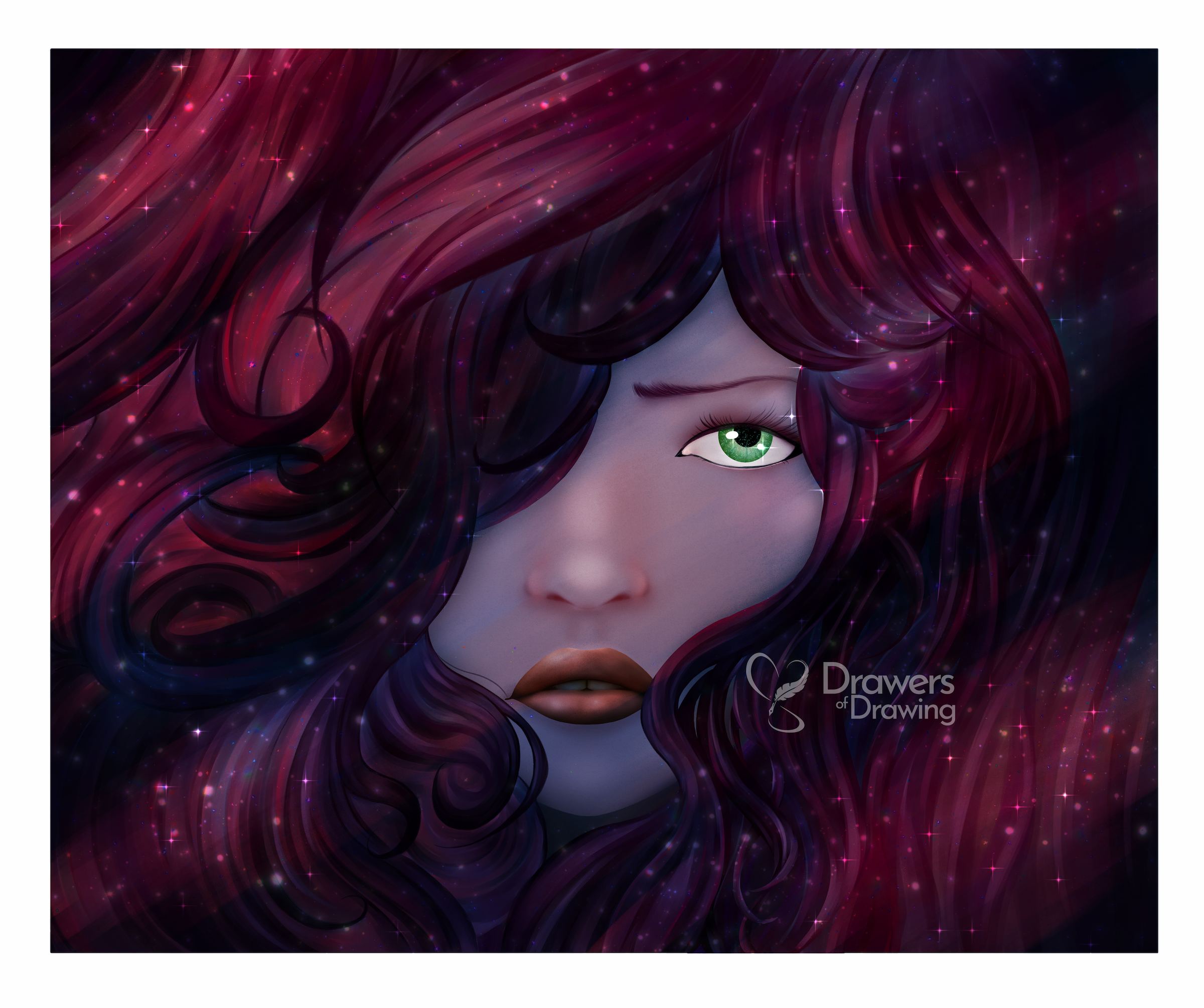 Illustrazione digitale di un autoritratto di donna con capelli voluminosi viola e magenta tempestati di stelle e uno sguardo intenso