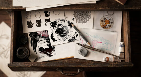 Cassetto di legno scuro aperto con strumenti da disegno, boccetta d inchiostro e bozzetti originali di Drawers of Drawing