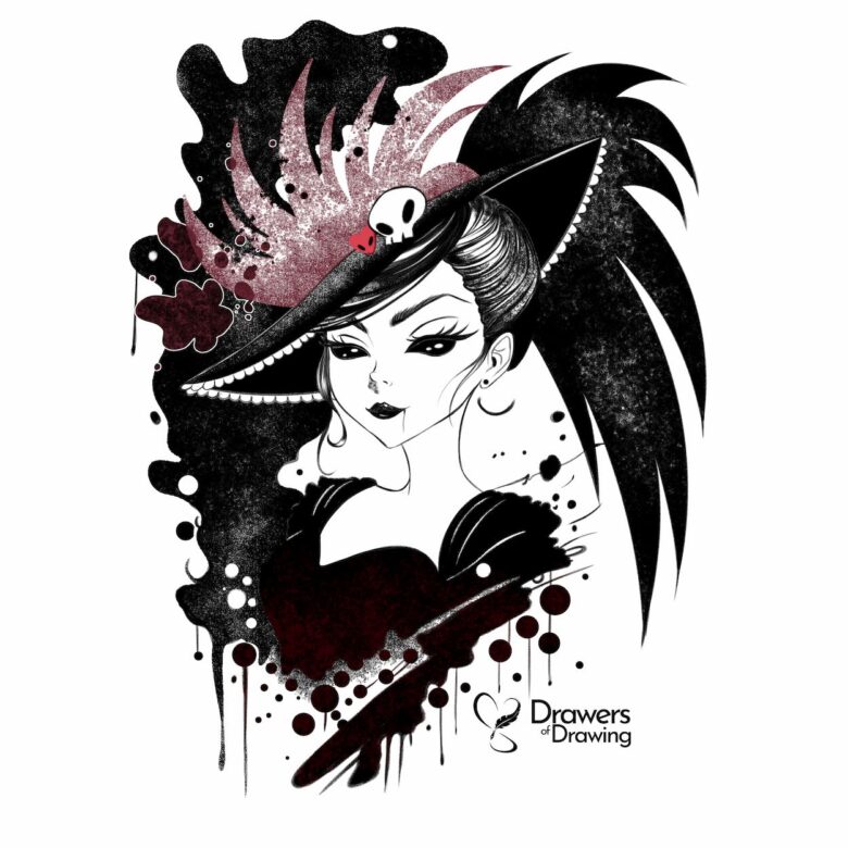 Illustrazione a inchiostro del personaggio Rosie con dettagli e sfumature di rosso acceso in stile dark elegante.